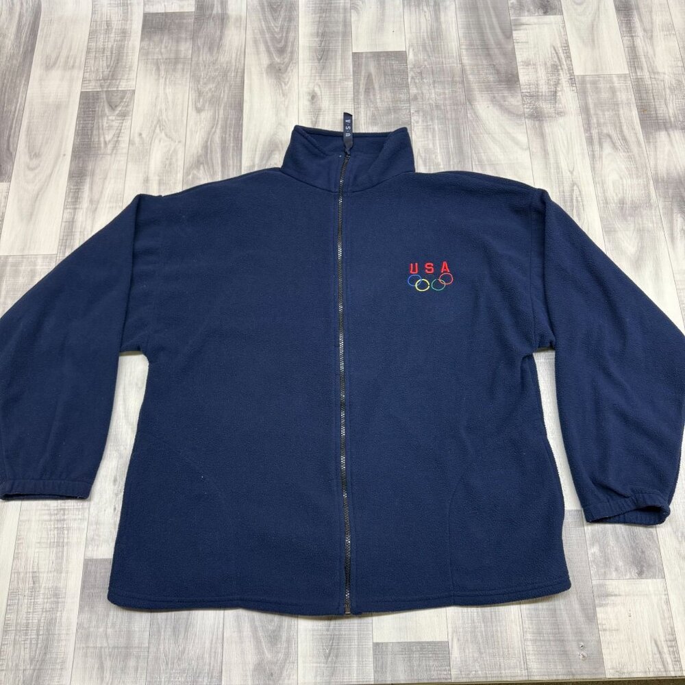 ✅ Mens XL Olympics USA Embroidered Logo Full Zip Fleece Jacket Navy Made In USA